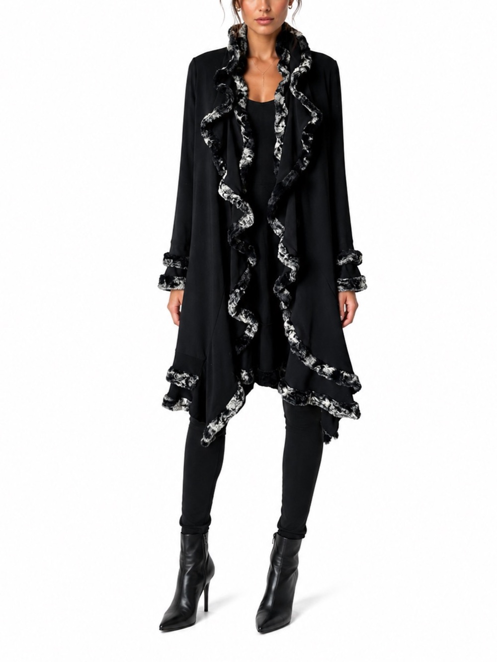 Joseph Ribkoff Black Faux Fur Trim Waterfall Cardigan Jacket Size 10